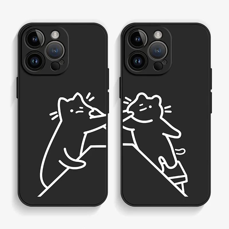 Funny Line Cat Couple Paired Phone Case For iPhone 15 14 12 11 13 16 Pro XS Max Mini XR Xs Plus SE Lovers Cover Shell