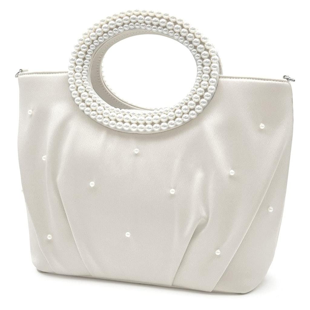2way Pearl Handle Party Bag Wedding Large Beaded Tote Silver [PLEX] Women's