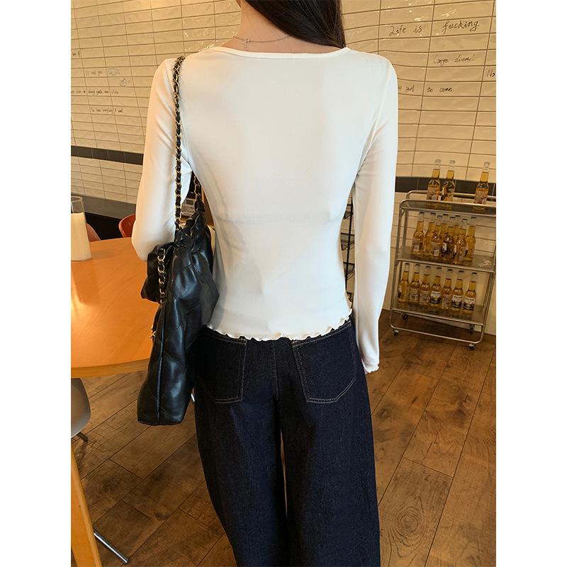 Lace Splicing V-neck Long-sleeved T-shirt Women's Autumn and Winter Bottoming Shirt Design Sense Chic Pure Desire Wind Slim and Thin Top Spring