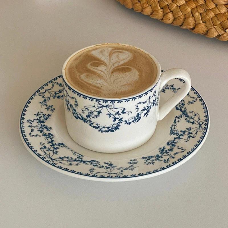 French Retro Floral Cup Plate Set, Office Coffee Cups, Floral Flat Plate with Antique Tableware, Pasta Dessert Cake Ceramic Mug