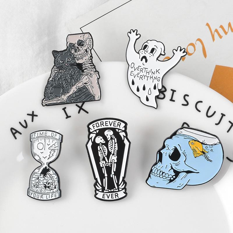 Creative Unique Skull Punk Style Brooch With Cartoon Ghost And Hourglass Design For Stylish Accessories