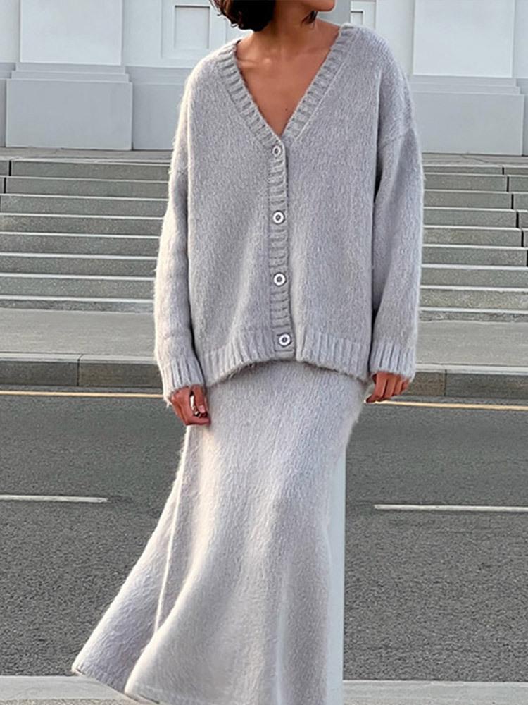 

Женский бежевый вязаный кардиган с V-образным вырезом и длинная юбка, элегантный повседневный наряд L серый
