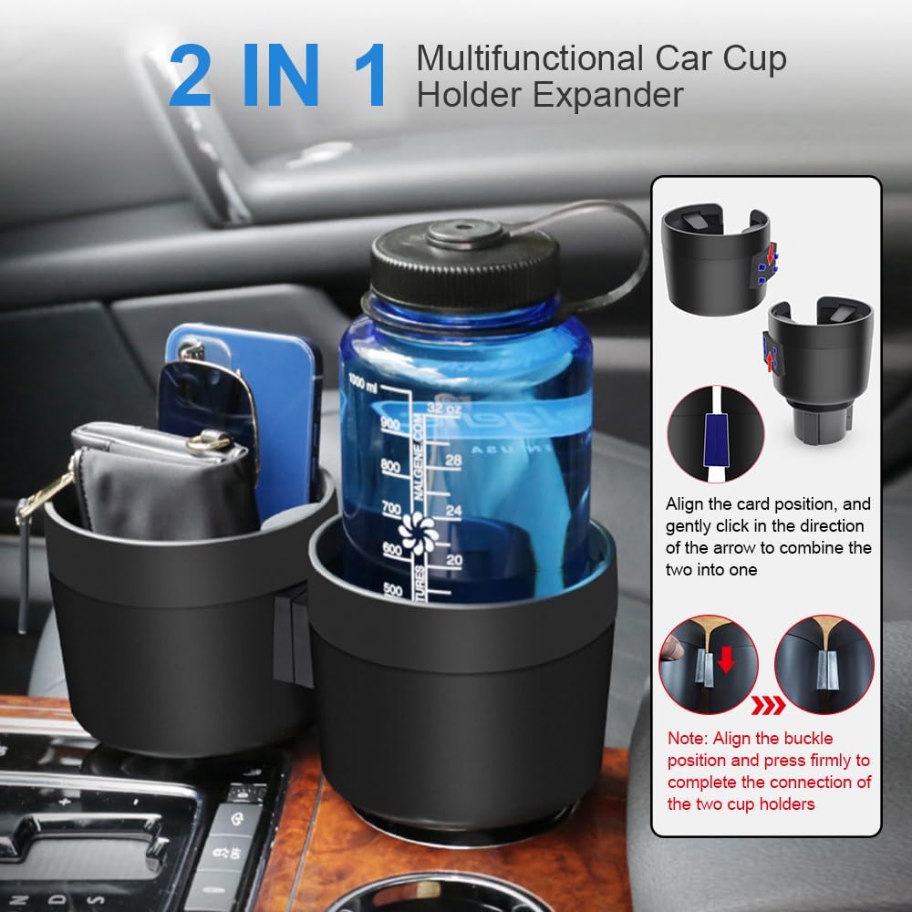 JINKEY Dual Cup Holder Expander For Car, 2 In 1 Multifunctional Large Car Cup Holder Expander Adapter With Expanded 2.69"- 3.94" Adjustable Base For