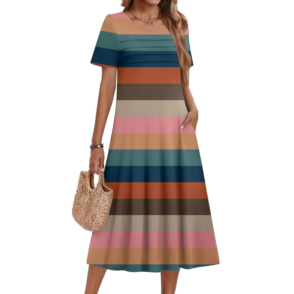 Damen kariertes bedrucktes lässiges und modisches kurzärmeliges Rundhalskleid