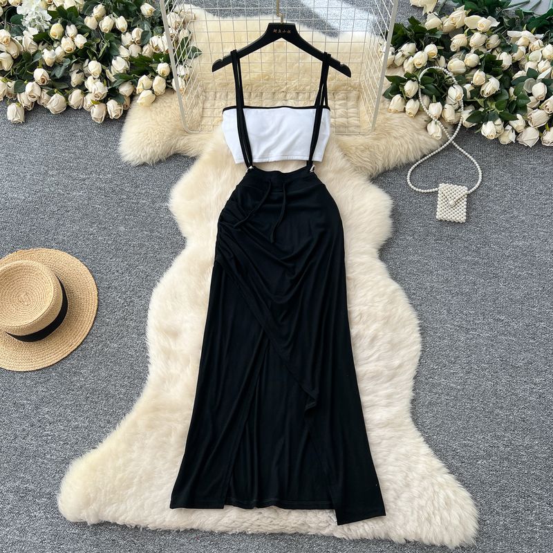 

Popular Online Celebrity Ins Niche Fashion With Chest Pad Cami + Design Split Irregular Skirt Set Black One size