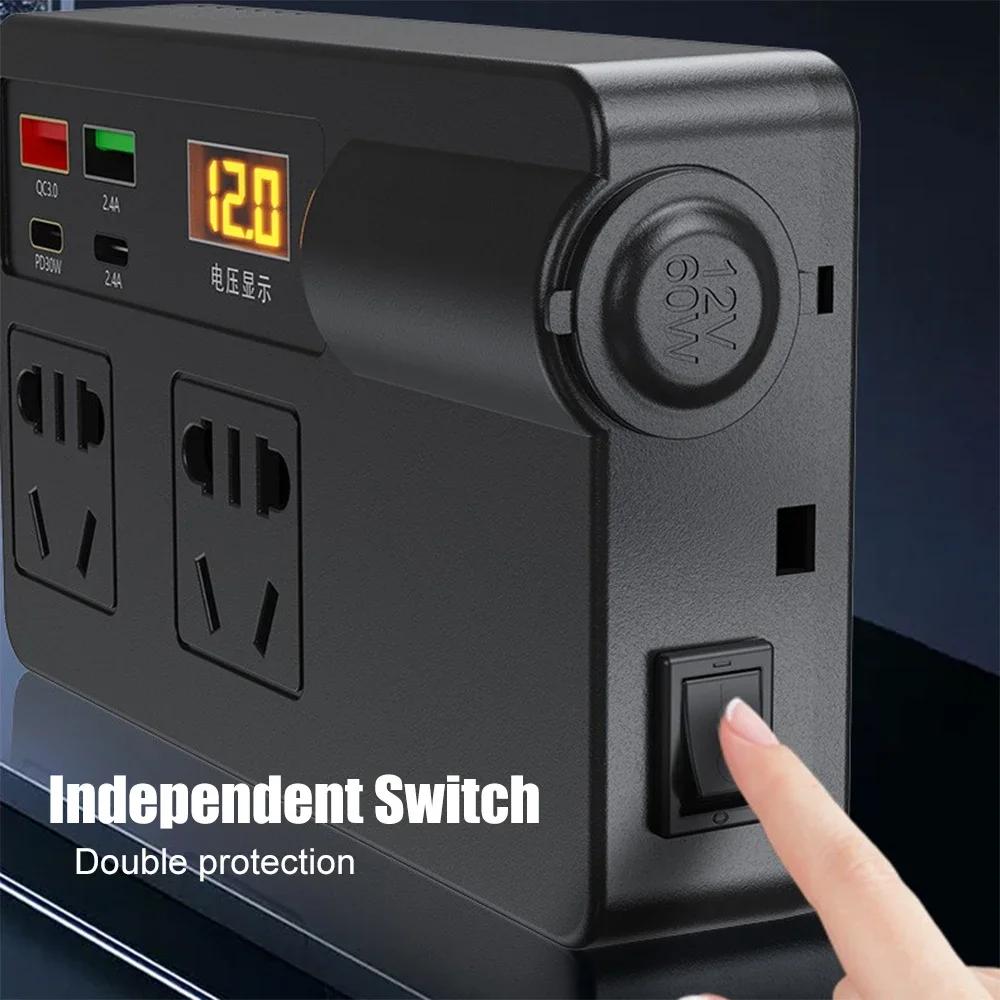 Car Inverter Power Converter 200W DC 12V/24V To AC 220V with Digital Voltage Display USB PD Type-C QC 3.0 Charger Switch