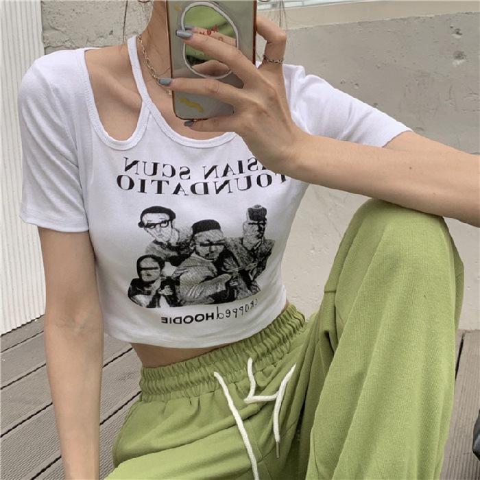 Damski T-shirt z krótkim rękawem 2024 w stylu retro, slim fit, ażurowy