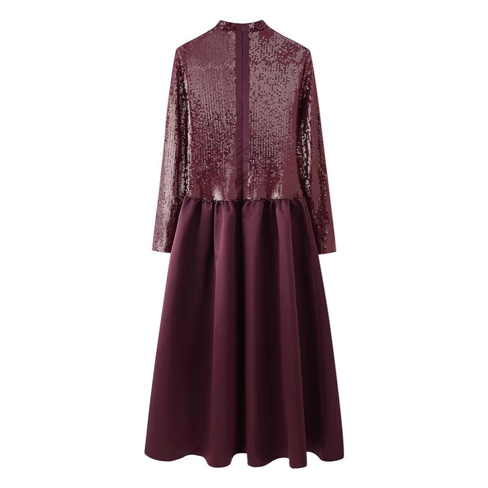 Pailletten-Patchwork-Design Damenkleid - Frühjahr/Sommer 2025 Kollektion, Rundhalsausschnitt, Langarm, Weiter Saum, Unifarbe