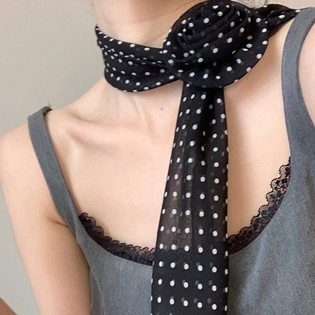 Silk Like Long Scarf Elegant Neck Decoration with Round Dot and Rose Flower Pattern for Fashion Forward Women