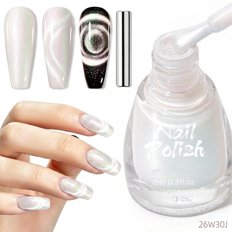 Dynamic Diamond Crushed Cat Eye Nail Polish, Icy Transparent Pearlescent Glitter Porcelain White Cat Eye Manicure Decor