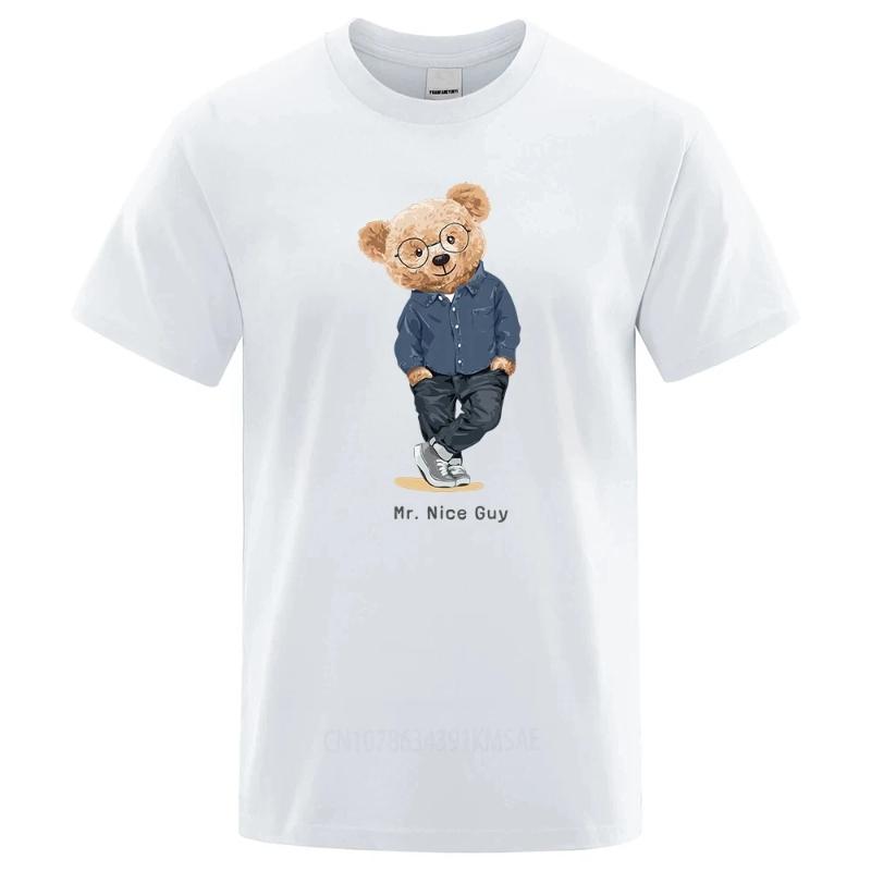 Gentleman Mr. Teddy Bear Nice Guy Prints Men Short Sleeve Street Cotton T-Shirts Loose Oversized Clothing Casual Breathable Tees