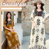 Bohemian Ethnic Print Long Dress Womens Short Sleeve Embroidered Neck Loose Casual Summer Dress