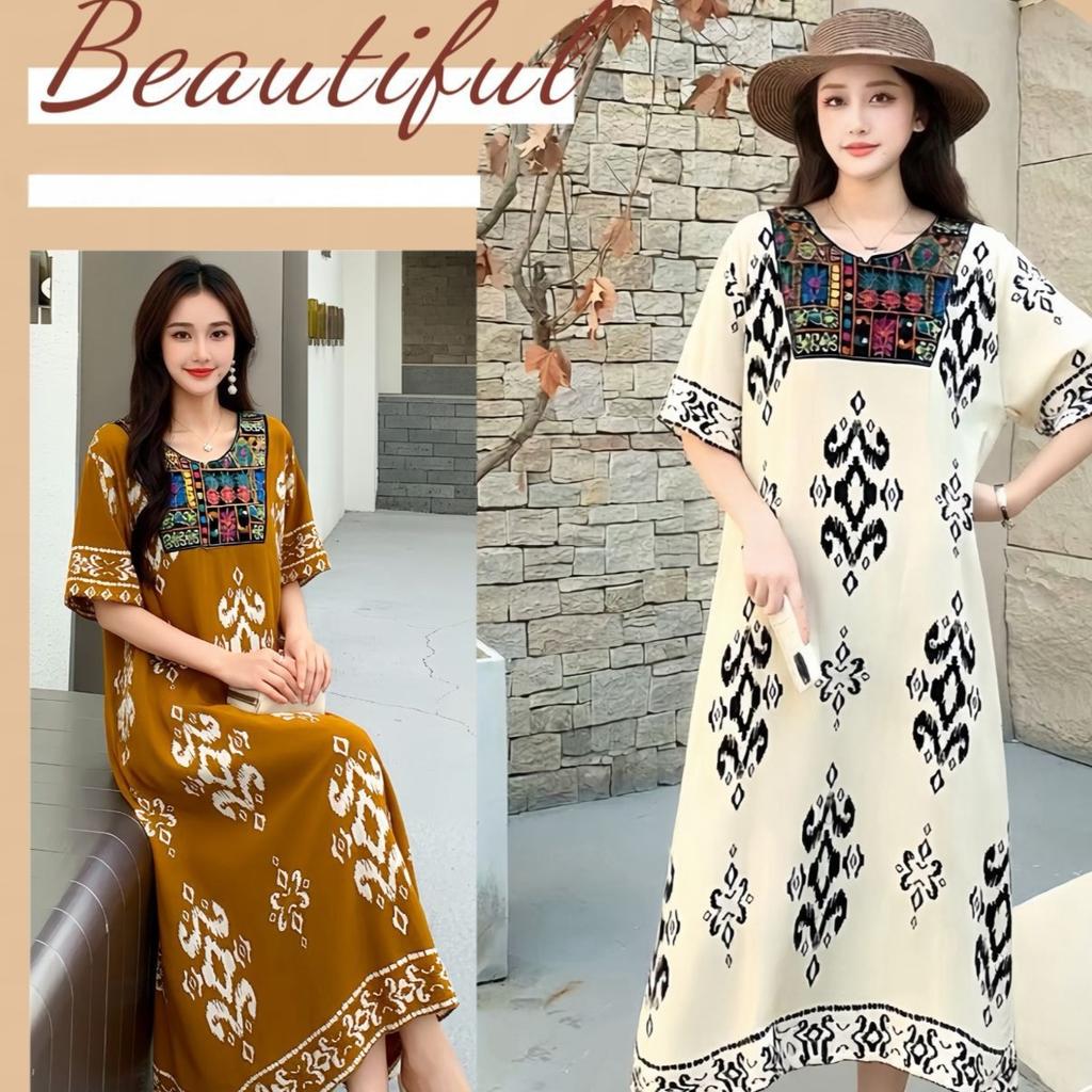 Bohemian Ethnic Print Long Dress Womens Short Sleeve Embroidered Neck Loose Casual Summer Dress