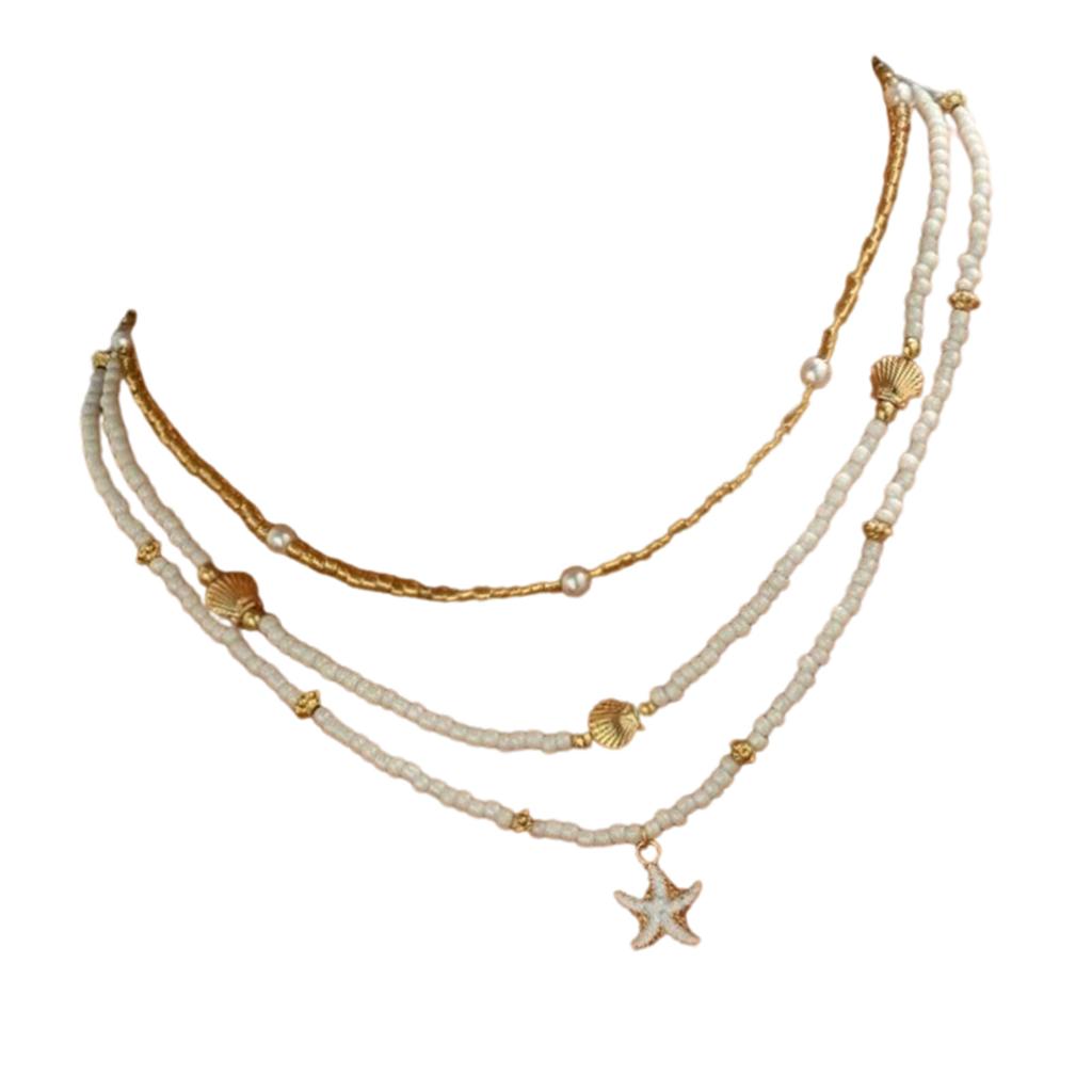 Pack Of 3 Bohemian Adjustable Layering Beaded Necklace/Bracelet With Starfish Shell Pendant For Women Beach Jewelry