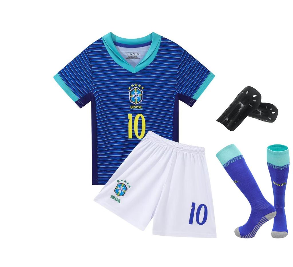 24-25 Brazil Away Blue No. 10 National Team Football Jersey Children's Clothing Children's Set Size 14-30