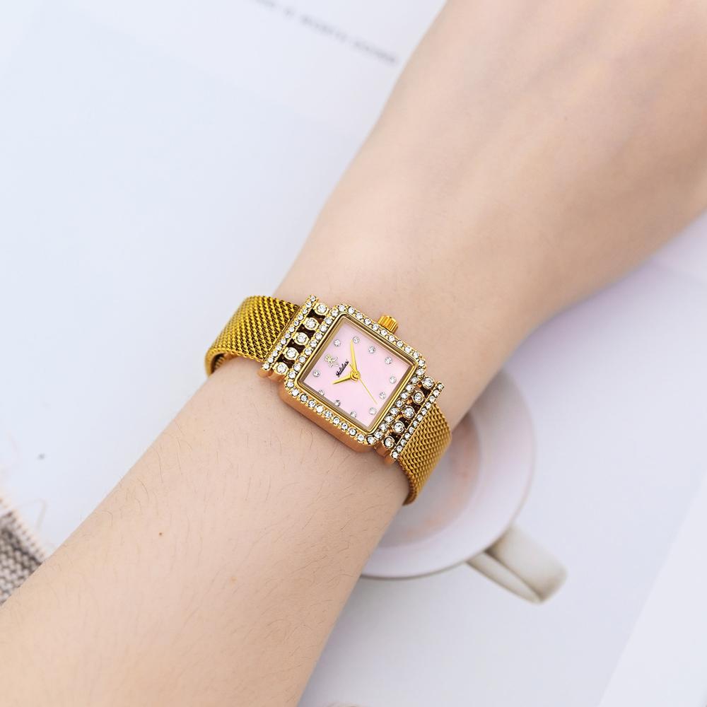 Yalalusi New Women Watch Fashion Luxury Diamond Square Dial Mesh Band Quartz Wristwatch High Quality Elegant Ladies Dress Clock