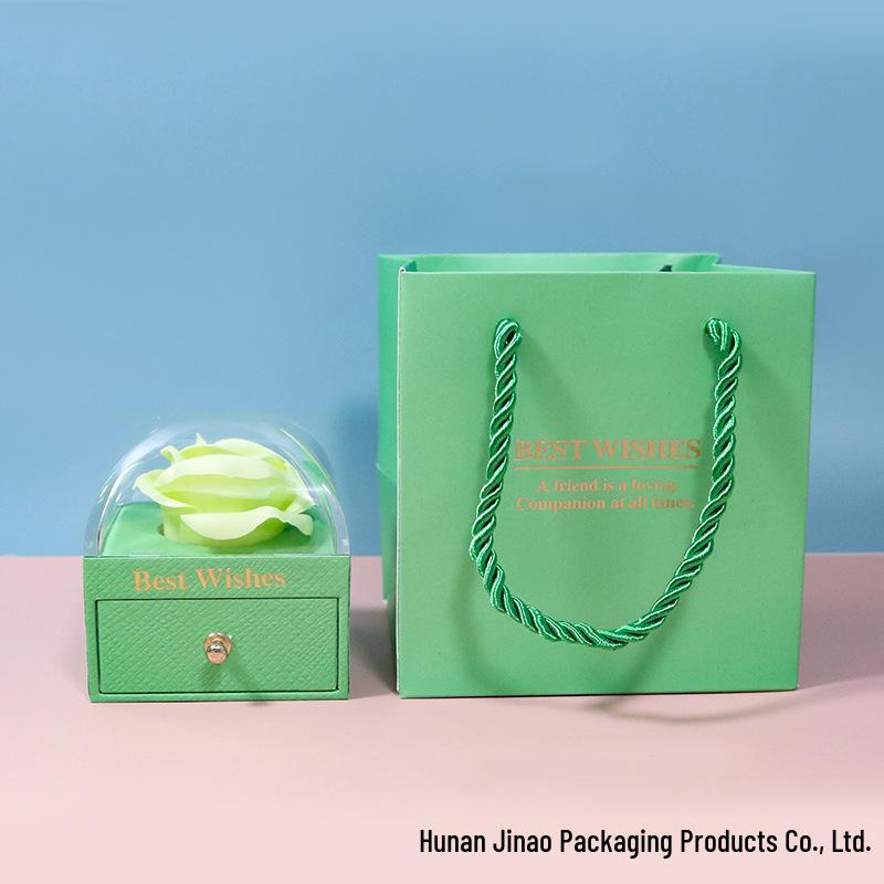 Macaron Color Jewelry Box with Soap Flower and Drawer - Holds Rings, Stud Earrings, and Necklace Pendants.