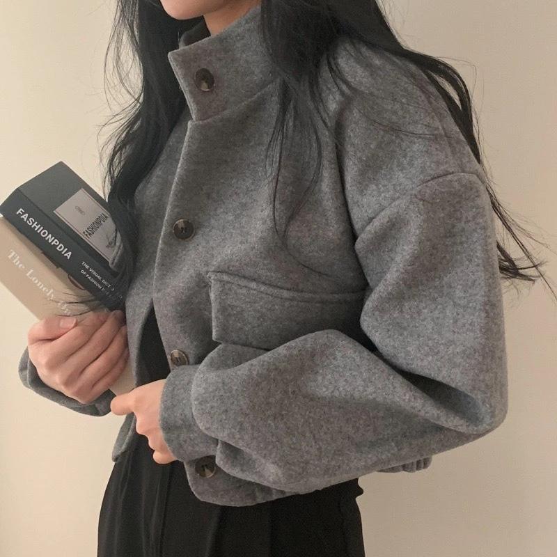 Autumn Winter Loose Wool Coat for Women's Pocket Stand Collar Top Long Sleeve Button Hong Kong Style Wool Coat