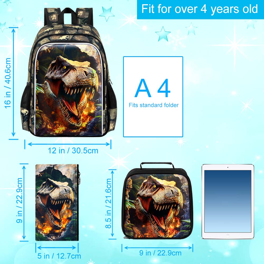 HPJGD 3 Pezzi Zaino per Bambini Dinosauro, Set Zaino Scolastico Impermeabile per Ragazzi con Portapranzo, Zaino Cool per Scuola Elementare, Scuola dell'Infanzia, Toddler