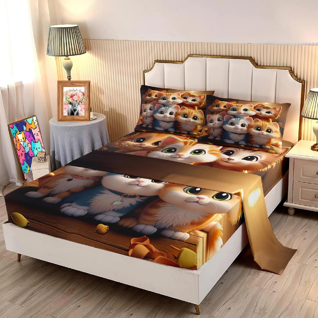 Cute cartoon cat family pattern mattress four-piece bedding set bedroom dormitory bedding set