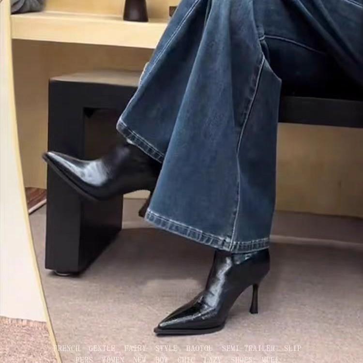 Feeling Retro Black Thin Heel Mid Boots Pointed Women's Shoes Thin Boots Winter Short Boots Women's Senior