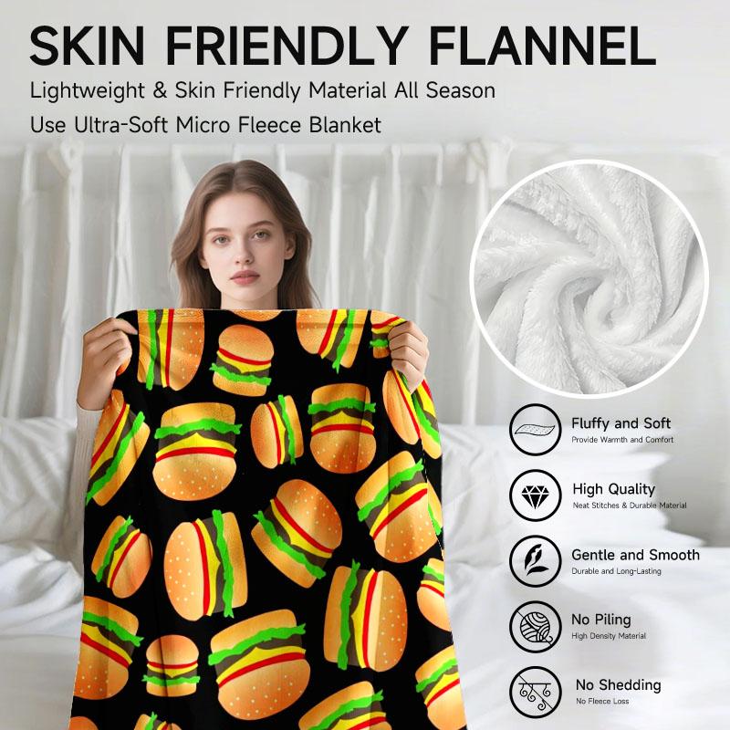 1 piece burger-themed black flannel blanket, soft, suitable for sofa, bed, office, all-season use.