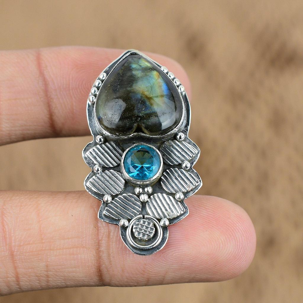 925 Sterling Silver Labradorite Stone Swiss Blue Topaz Mother Pendant Jewelry