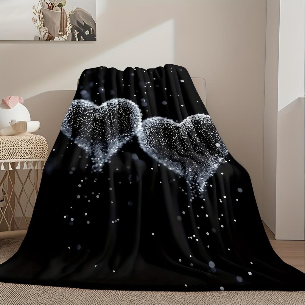 Cozy Black Double Heart Print Flannel Throw Blanket - Soft, Breathable Polyester, Contemporary Style with Sparkling Hearts & Sta