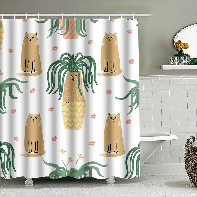 Boho Cat Shower Curtain Bohemian Bathroom Decor with Pineapple Potted Plant Print for Kids Bathrooms White Fabric Waterproof Han