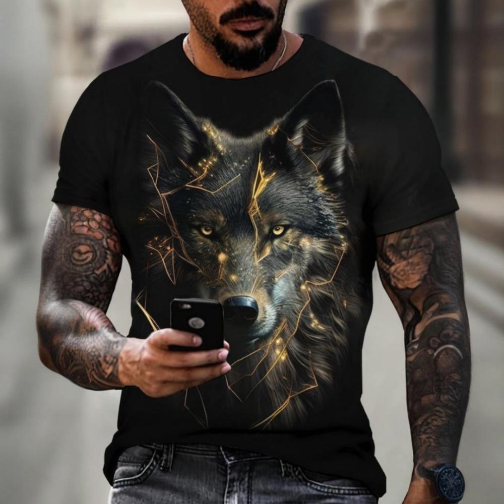 Men's T-shirt Outdoor Breathable Round Neck Top Summer Short Sleeve Wolf Print 3D Pattern Large Loose Men's Clothing