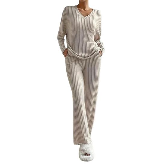 Damen Loungewear Set Geripptes Langarm-Oberteil und Weite Hose Passendes Pyjama-Set Lässige 2-teilige Outfits