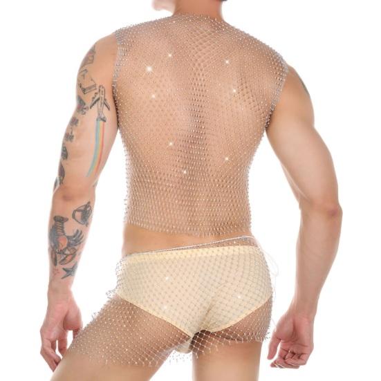 Men Sexy Night Club Vest Square Collar Sleeveless Fishnet Vest Slim Fit Hollow Perspective Mesh Tops Shiny