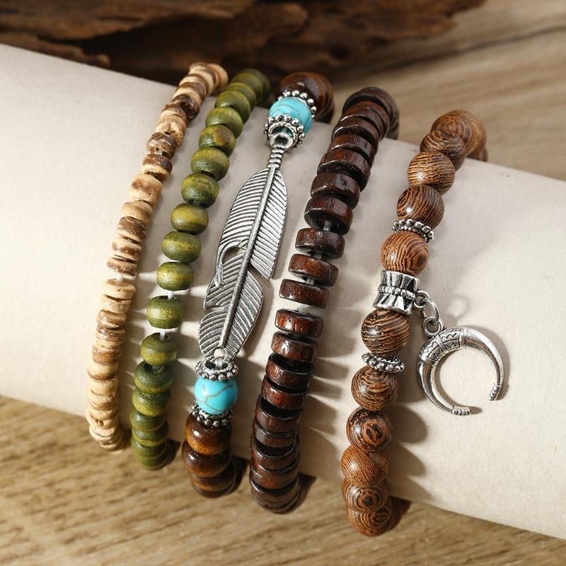 Hot Sale Simple Fashion Feather Crescent Wood Bead Beaded Bracelet Jewelry