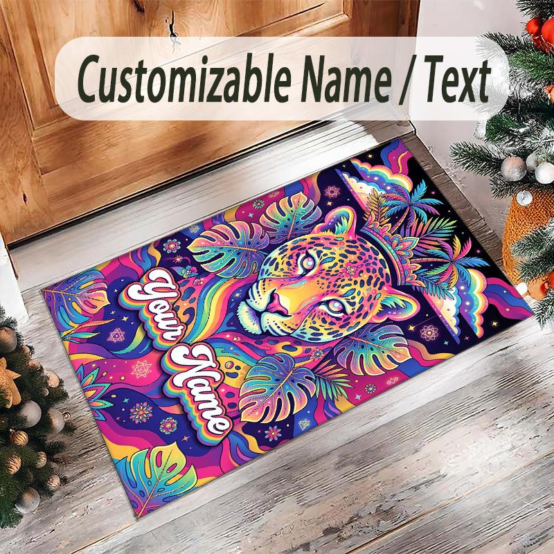 Leopard Theme Crystal Velvet Floor Rug Personalized Custom Name Text Warm Carpet Home Decoration