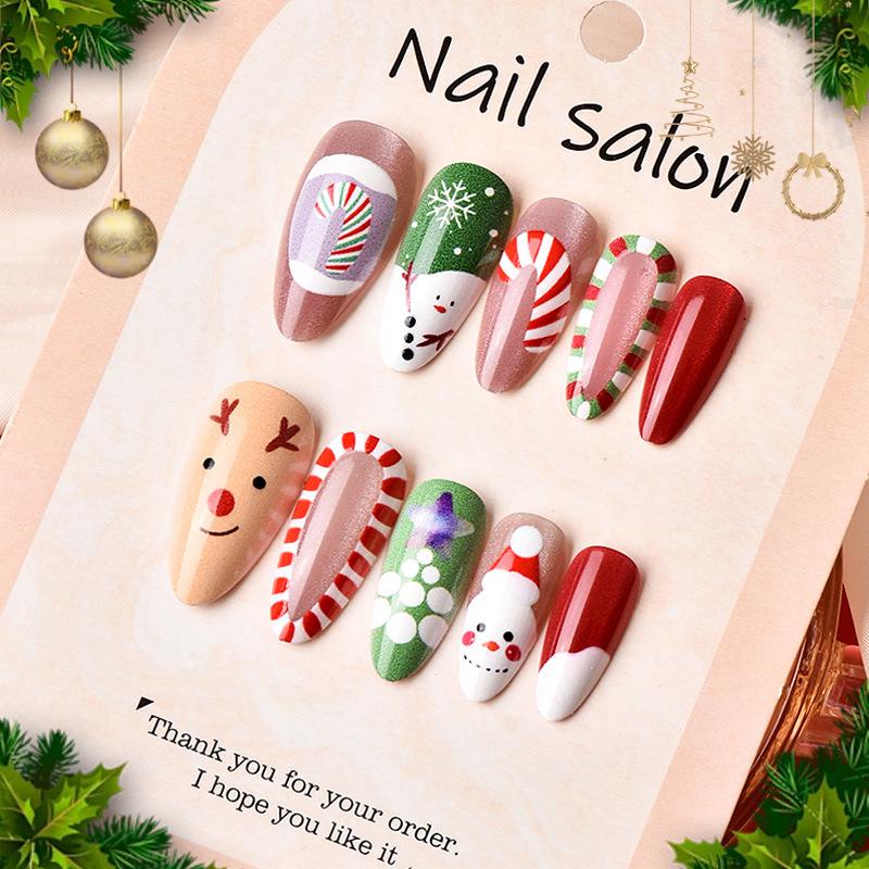 24-Piece Christmas Nail Art Set: Snowman & Reindeer Designs with Cat Eye Almond Shaped Nails Bestseller (24 pcs/box)