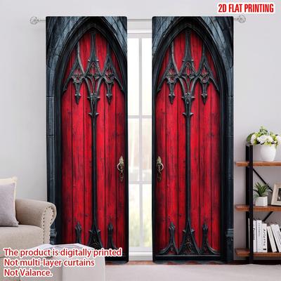 Flat Printing Drapes Gothic Doors Red Versatile Polyester Without Electricity Festive Backdrops Applies Curtain Set Of 2 Made Washable