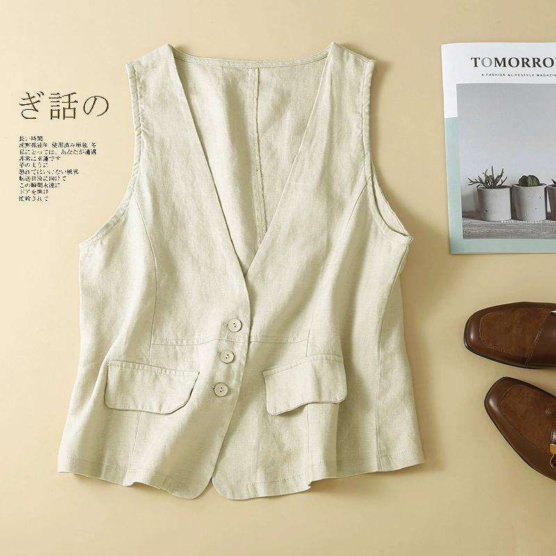 Literary Retro Linen Vest Summer V-neck Casual Sleeveless Vest Cotton and Linen Thin Outer Wear Vest Jacket