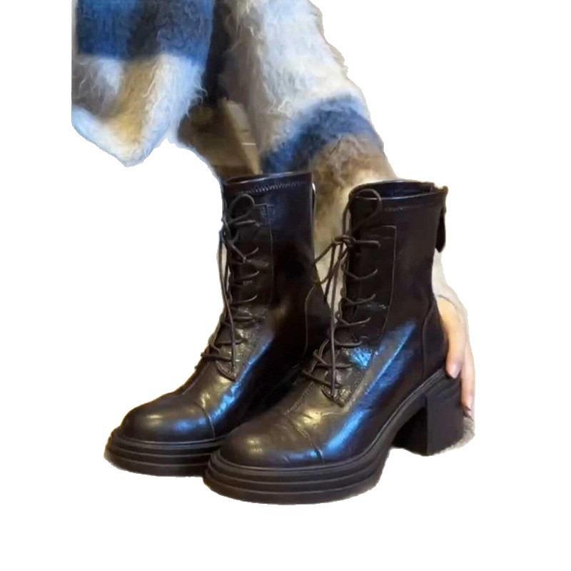 Cowhide Version~ Thick-soled High-heeled Martin Boots Femininity Versatile Leather Thin Boots Retro Rear Zipper Heightening Short Boots