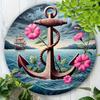 Nautical Anchor Sailboat Floral Metal Wall Art 8 Inch Round Iron Decor For Home Kitchen Cafe Hanging
