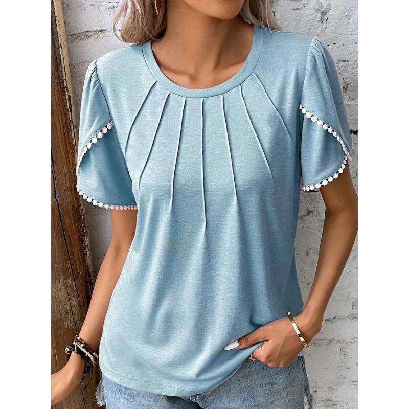 Tops Women Round Neck Pleated Short-sleeved Lace Casual T-shirt Women's Spring Summer Office Commuting Solid Color Versatile Top