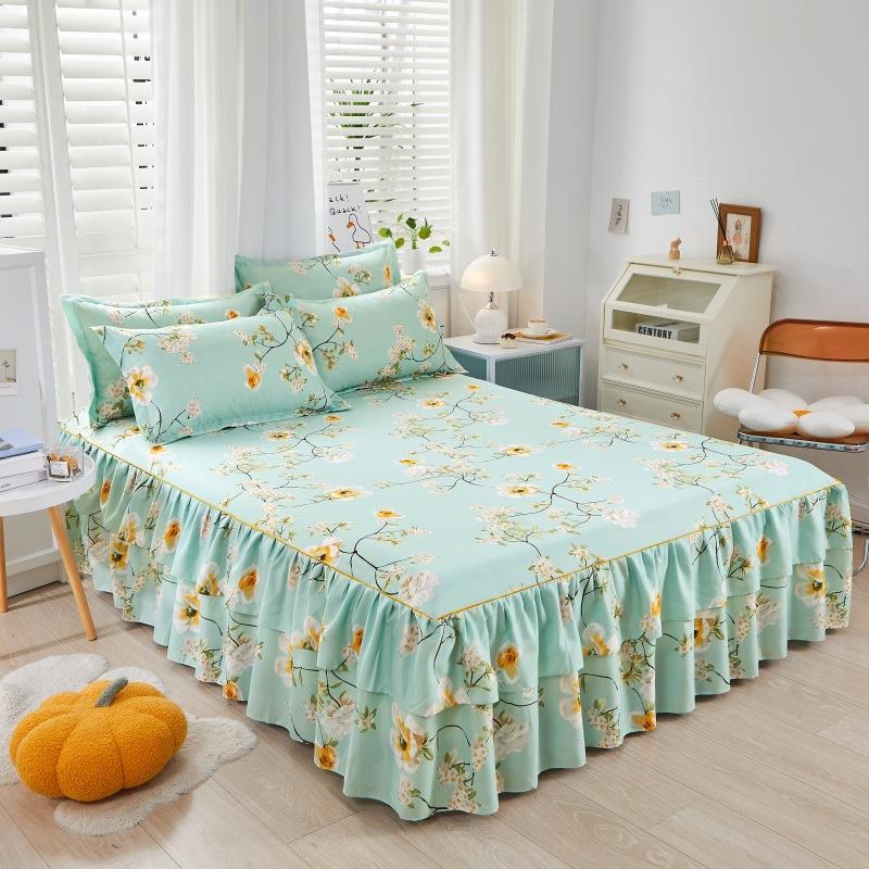 3pcs Modern Korean Floral Bed Skirt Set with Lotus Leaf Embellishments and Princess Floral Pattern, All-Season Brushed Light Beige-Friendly Bedding