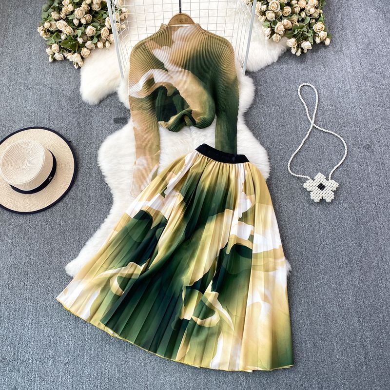 Sanzhai Ruched Celadon High Waist Skirt Fashion Suit