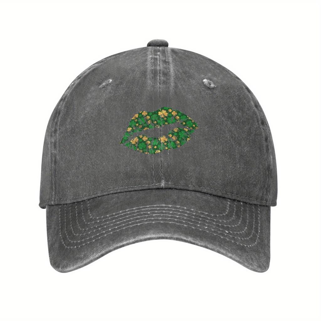 St Patricks Day Lips Print Washed Baseball Cap Vintage Casual Adjustable Cotton Hat Unisex