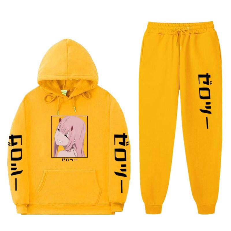 Unisex Anime-Inspired Hooded Sweatshirt Set With Fleece Lining Loose Fit Long Sleeve Top Pants Winter Casual Wear