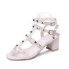 Women Rivet Chunk Heels Sandals Ankle Buckle Strap Open Toe British Ladies Sandals Mid Heels Party Elegant Roman Shoes