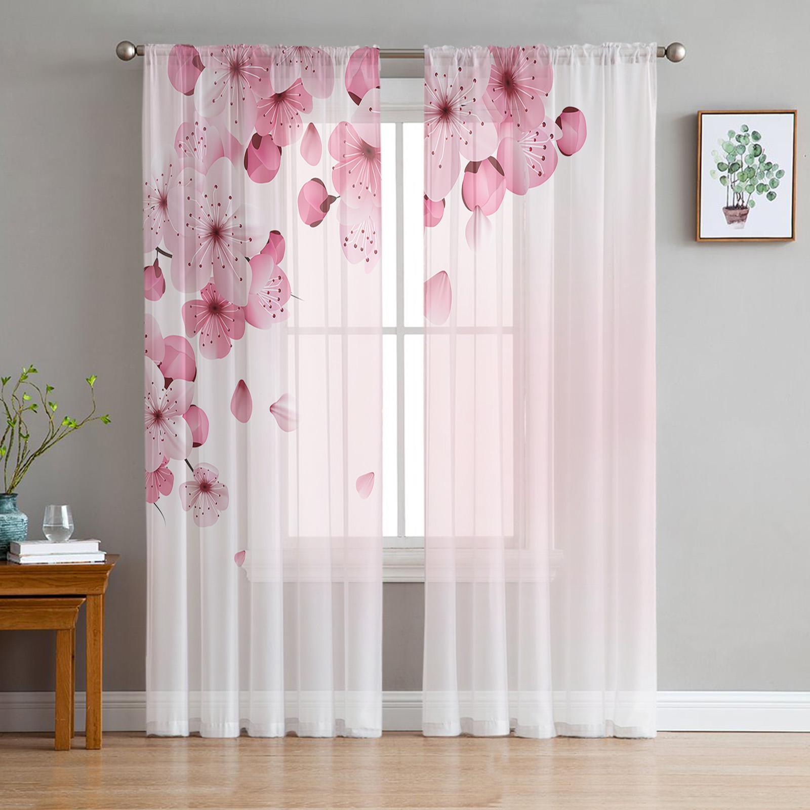 

Pink Flower Cherry Blossoms White Sheer Drapes ideal for Living Room Decoration Window Opening Drape Kitchen Area Tulle Voile Organza Curtains W135 x H115cm x1&Rod Pocket