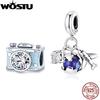 WOSTU 925 Sterling Silver Red Flower Beads Vintage Travel Camera Charms For Women Fit Original Braelet Bangle Jewelry Making