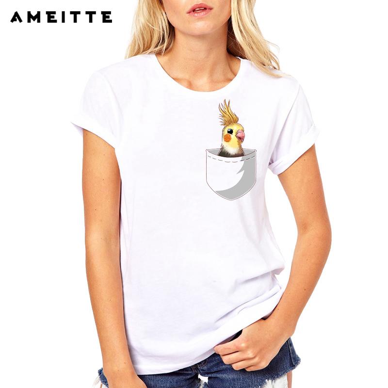 Ameitte Summer Tops Funny Cockatiel Parrot Print T Shirts Base O Neck Women Pocket Design