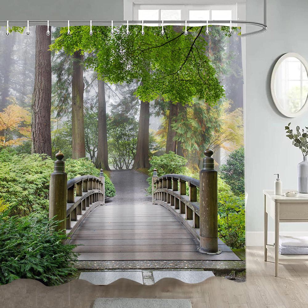 Rustic Landscape Shower Curtain Forest Waterfall Chinese Moon Door Flowers Plant Nature Scenery Polyester Bathroom Curtain Decor