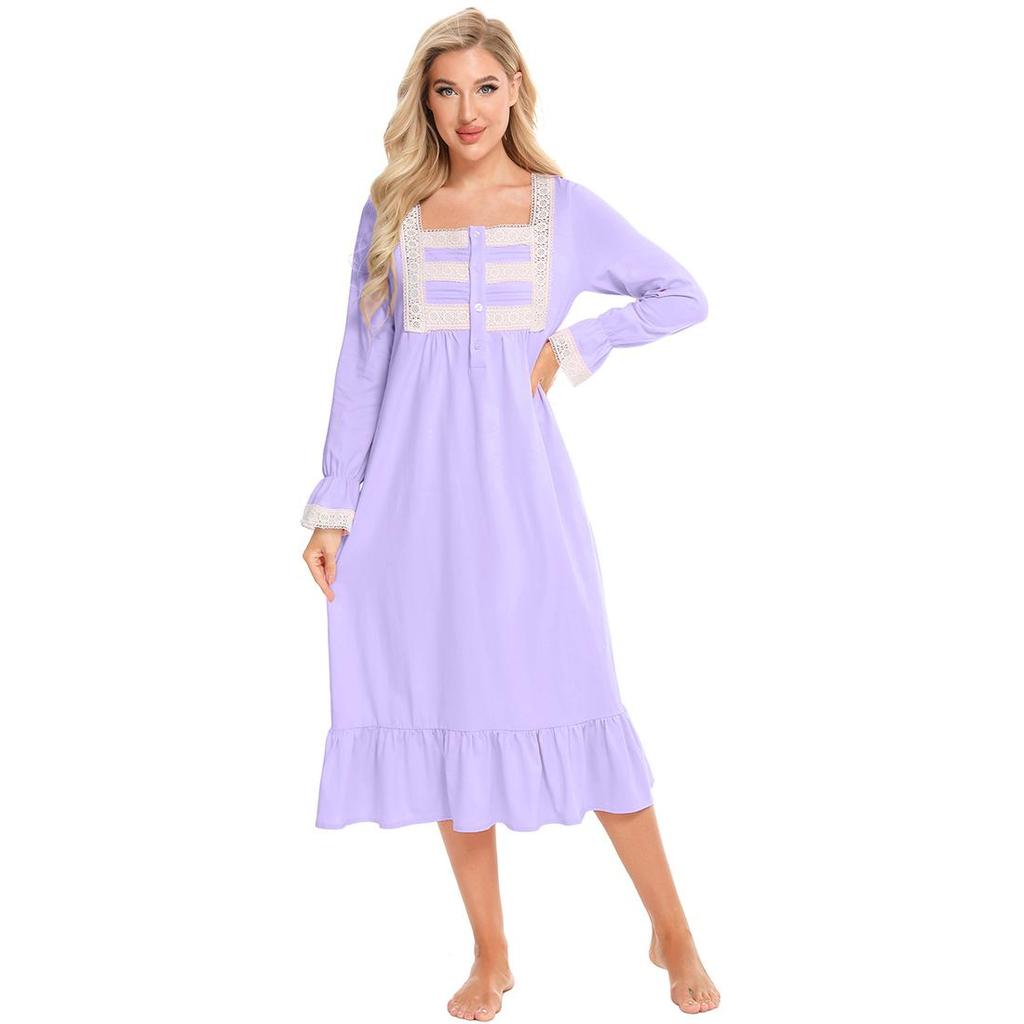 Camisón Victoriano para Mujer Tejido De Algodón Suave Manga Larga Henley Camisón Vintage Camisón De Salón con Adornos De Encaje Camisa para Dormir Camisón De Lactancia De Maternidad